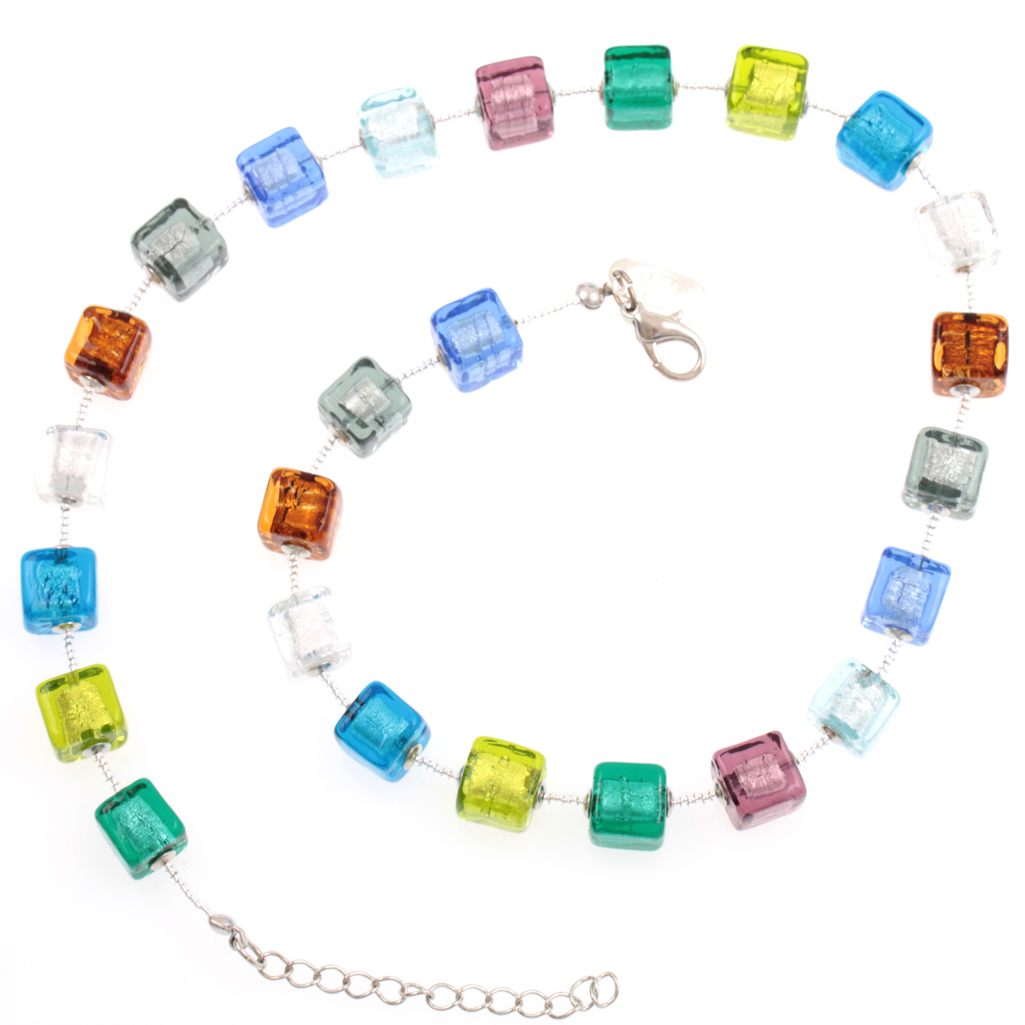 Murano Glas Collier "Quadro"-bunt-silber