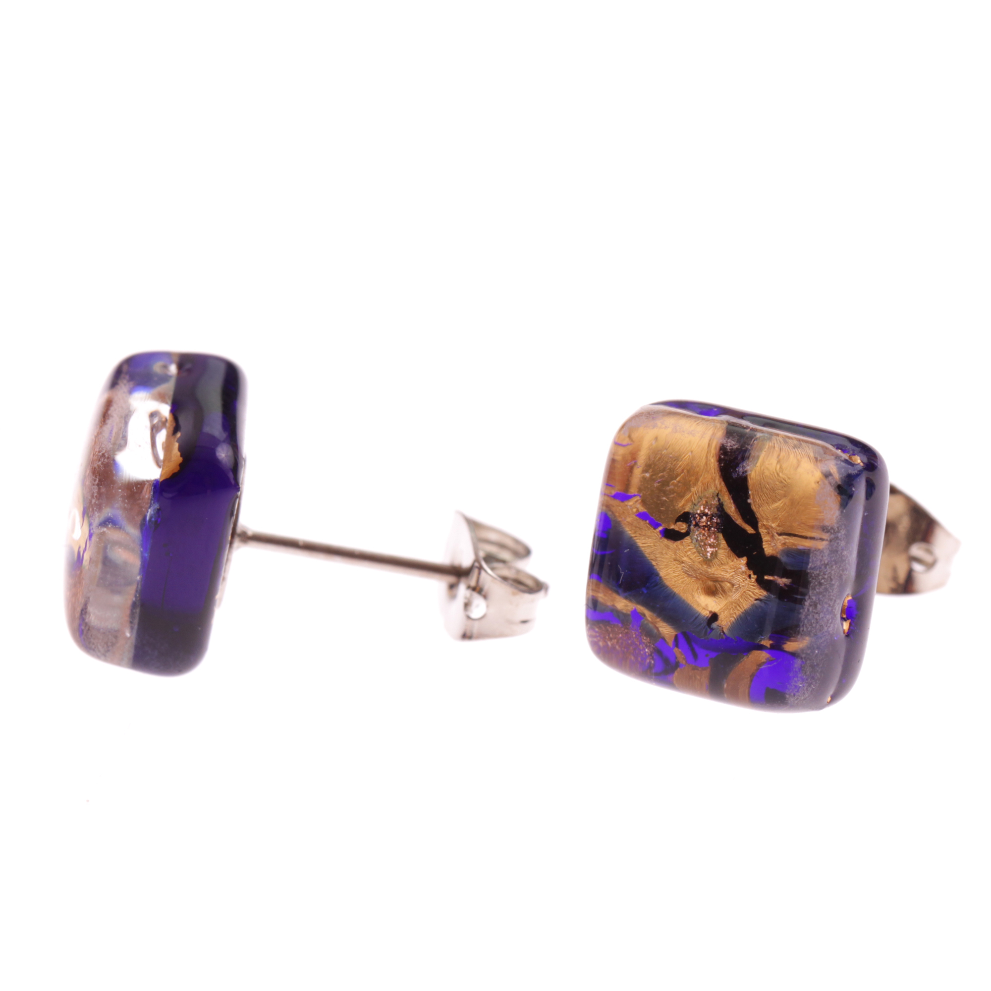 Jolanda Muranoglas Ohrstecker Dunkelblau/Gold; Muranoglas mit echtem Blattgold; hypoallergene, hochwertig versilberte äußere Metallteile