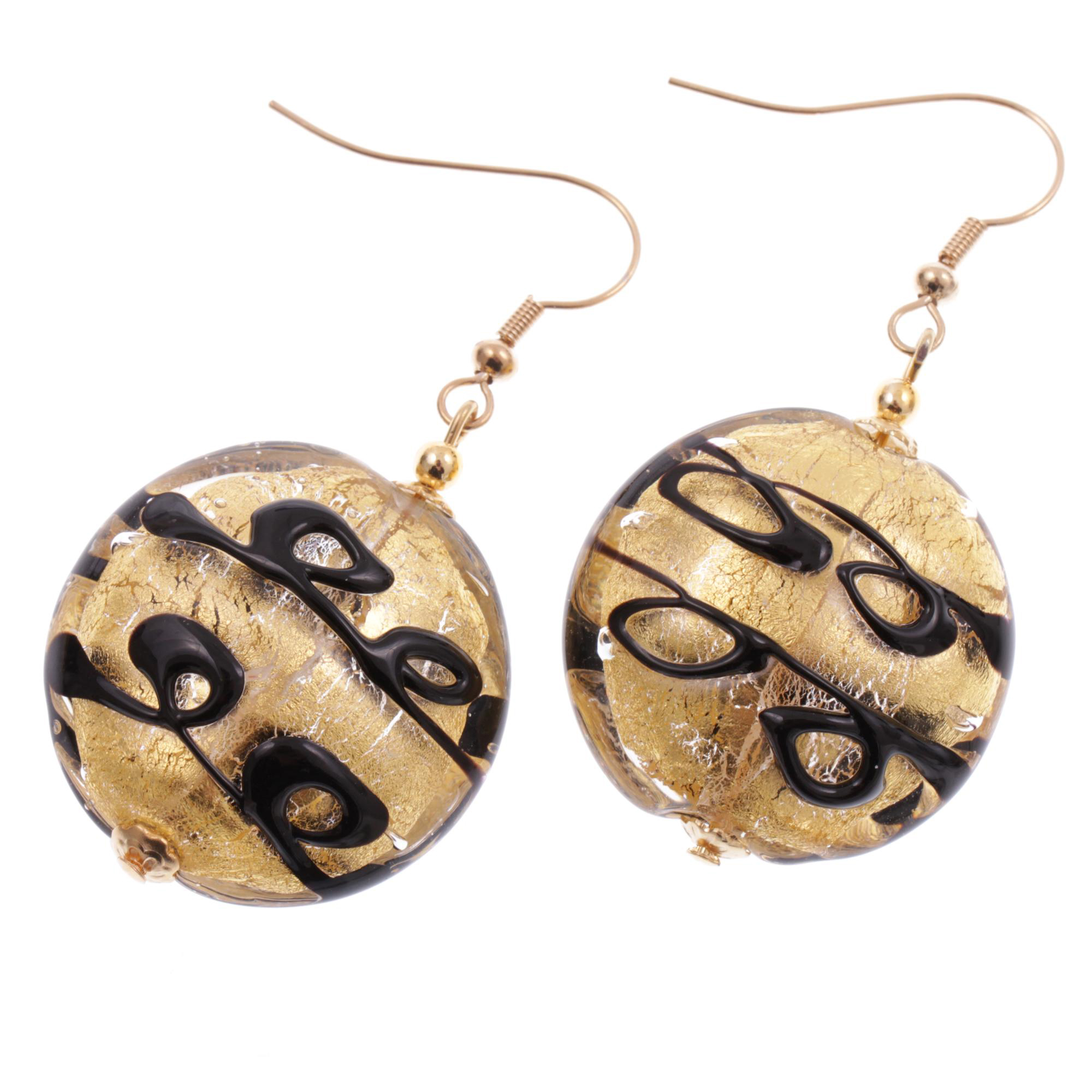 Whyalla Muranoglas Ohrhänger Schwarz/Gold; Muranoglas mit echtem Blattgold; hochwertige vergoldete äußere Metallteile und offene Ohrhaken