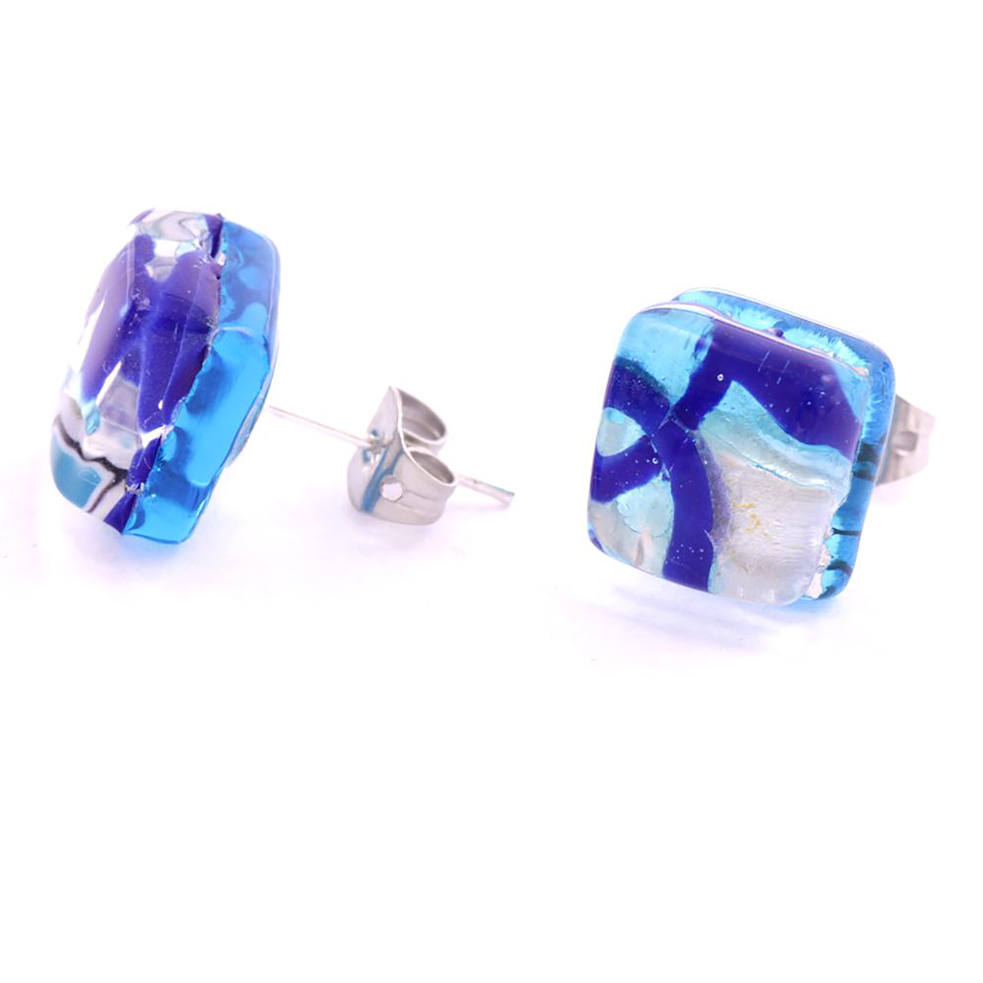 Jolanda-Ohrstecker aus Muranoglas in Blau/Silber, seitenansicht