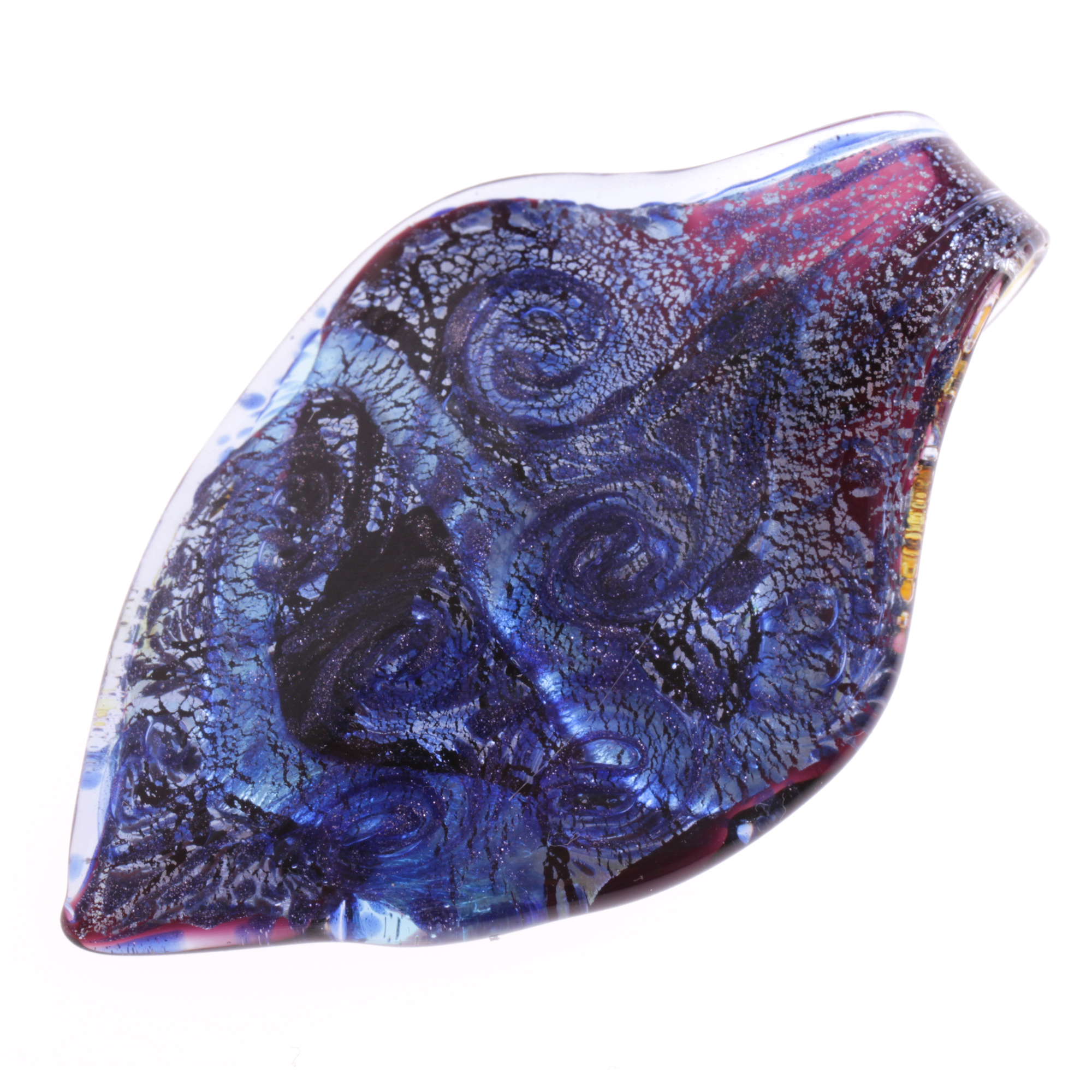 Ein großes Murano Glas Blatt "Pala Grande" Anhänger-blau aventurin