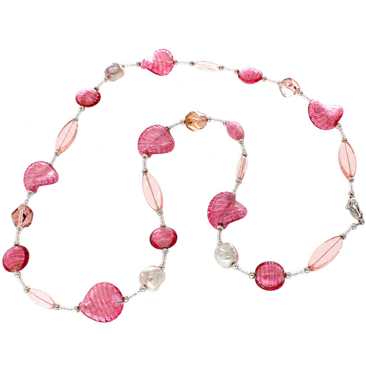Langes Collier Azalee in Silber/Rosa mit rosafarbenem Muranoglas, transparenten Glaselementen und hellen Akzenten – Gesamtansicht