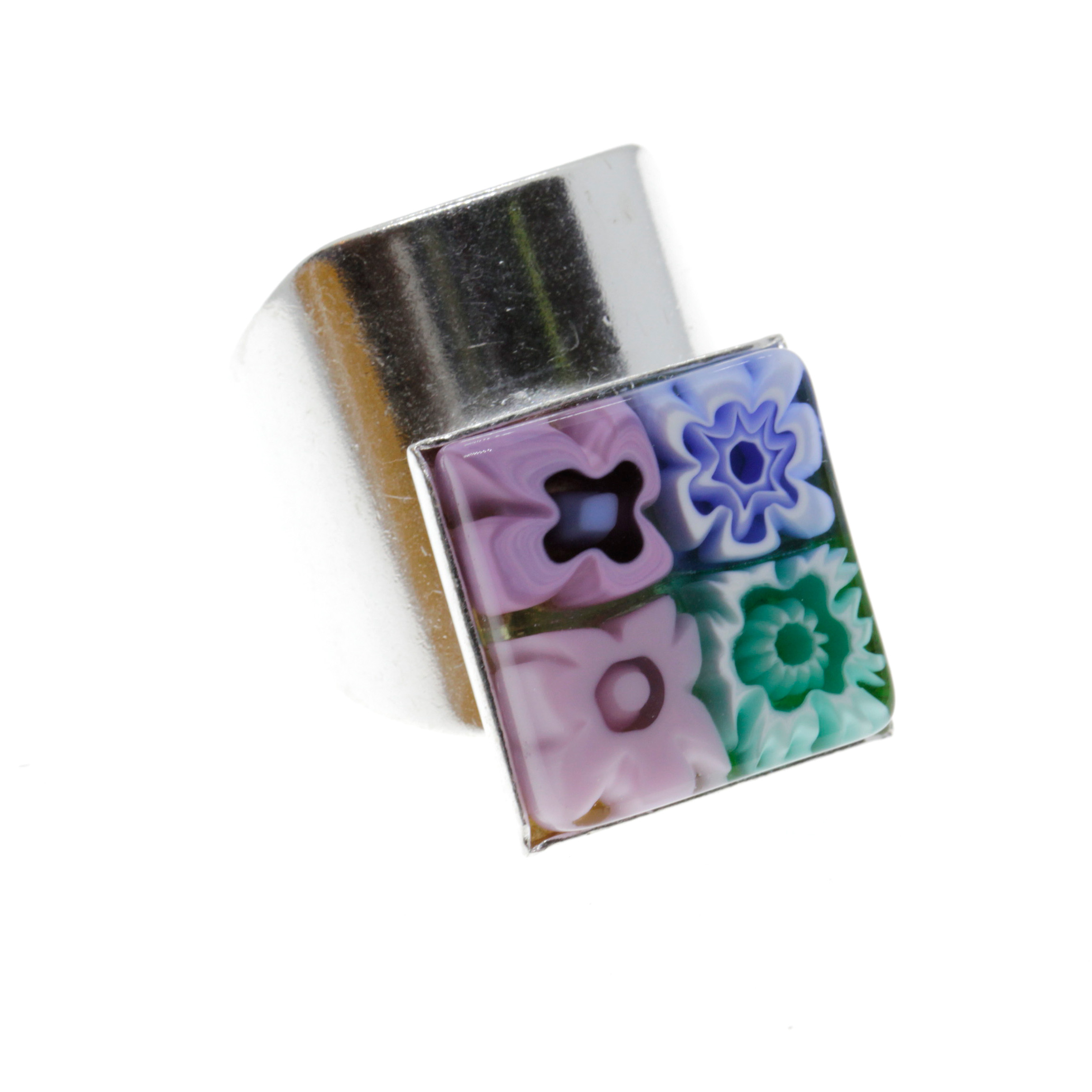 Bella Muranoglas Ring Pastell/Bunt; Muranoglas mit Millefiori-Dekor, ohne Metalleinlagen im Glas; hochwertige versilberte, offene Ringschiene