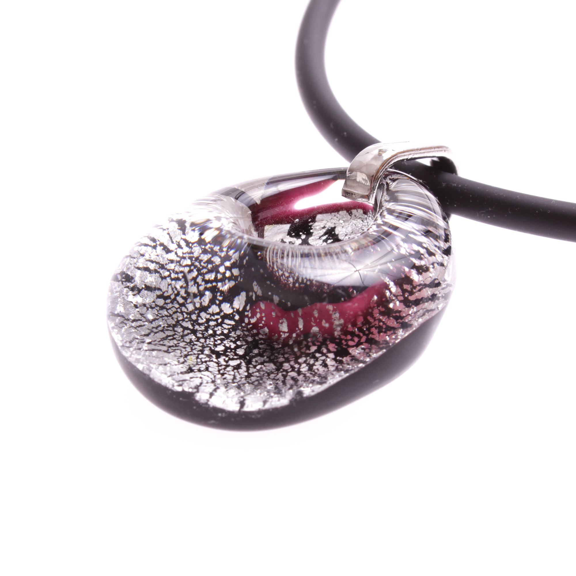 Drop Piccino Muranoglas Anhänger Schwarz/Silber; Muranoglas mit echtem Blattsilber, ohne Kupfer; hypoallergene, hochwertig versilberte Metallöse
