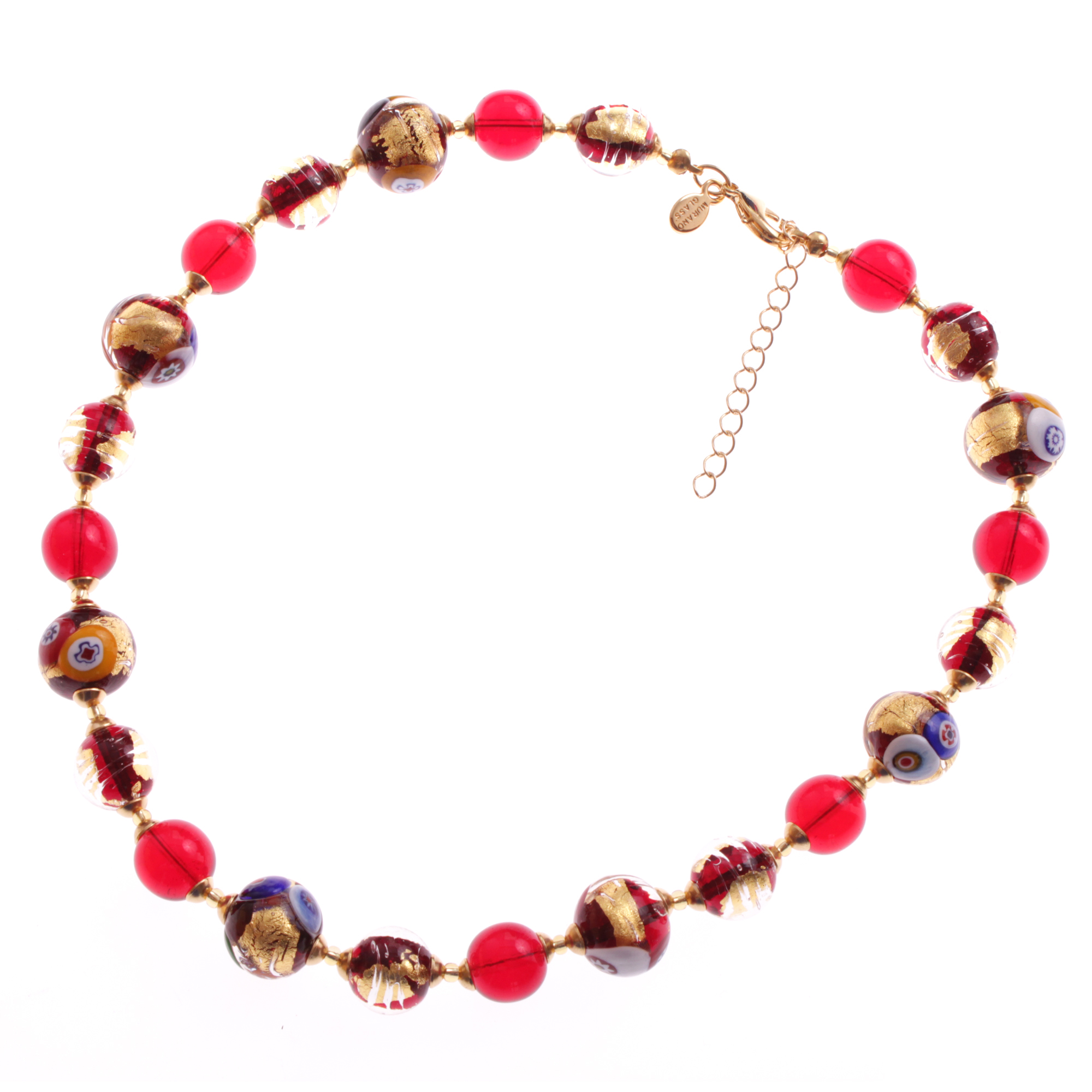 Birna Muranoglas Collier Rot/Gold; Muranoglas mit Millefiori-Blüten und echtem Blattgold; hypoallergene, hochwertig vergoldete äußere Metallteile