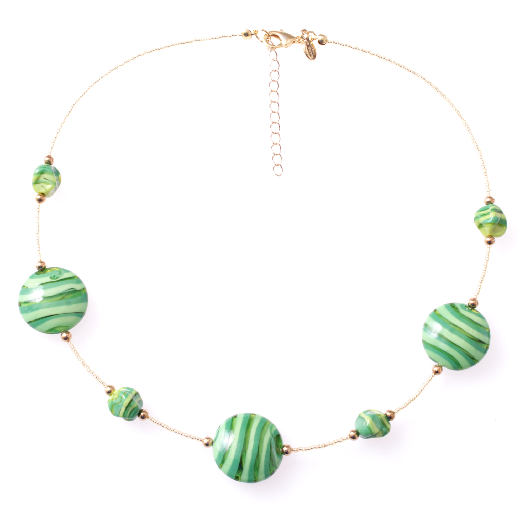 Astana Muranoglas Collier Hellgrün/Gold; Muranoglas ohne Metalleinlagen im Glas; hypoallergene und hochwertig vergoldete äußere Metallteile einschließlich Karabiner