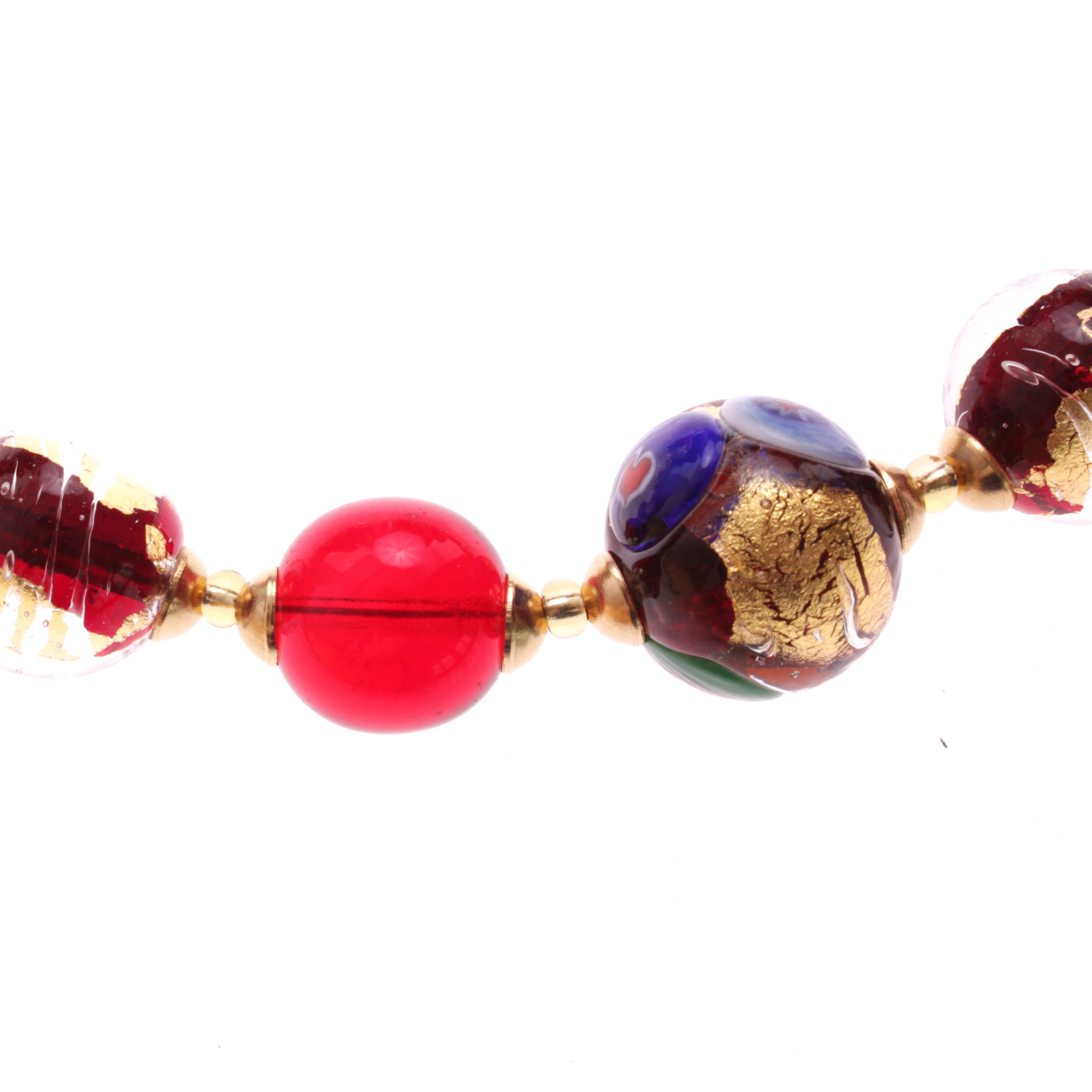 Birna Muranoglas Collier Rot/Gold; Muranoglas mit Millefiori-Blüten und echtem Blattgold; hypoallergene, hochwertig vergoldete äußere Metallteile
