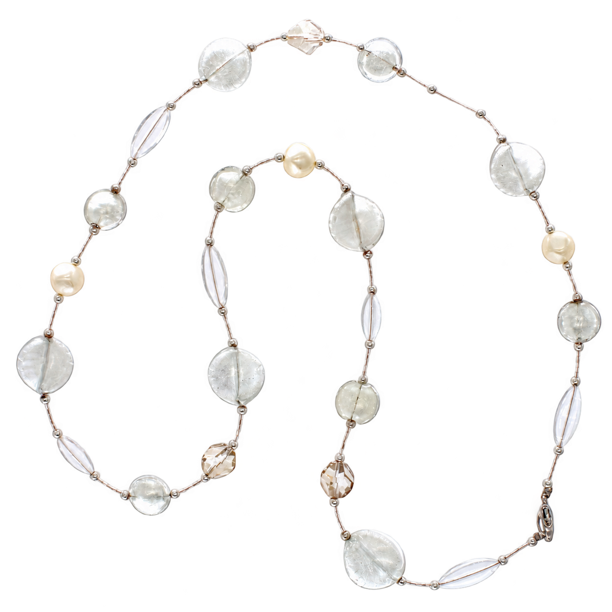 Collier Azalee in Silber in länglicher Anordnung mit transparenten, silbrig schimmernden und cremefarbenen Glaselementen sowie Verschluss