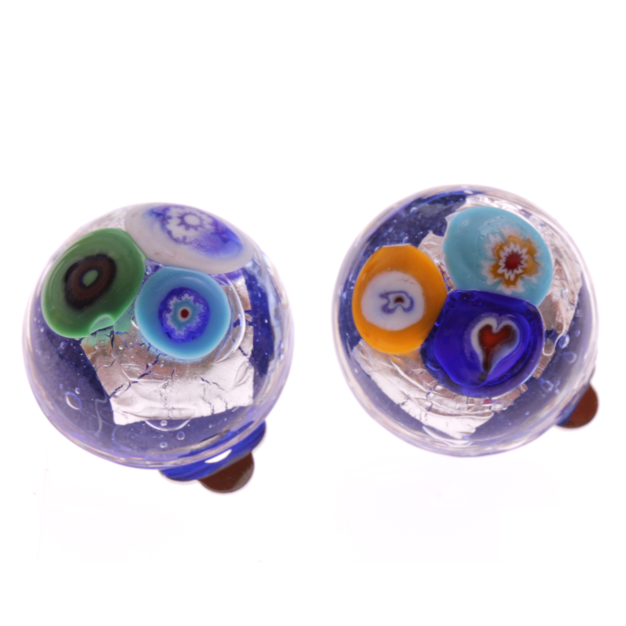 Nila Muranoglas Ohrclips Blau/Silber; Muranoglas mit Millefiori-Blüten und echtem Blattsilber; hypoallergene, hochwertig versilberte Clipmechaniken