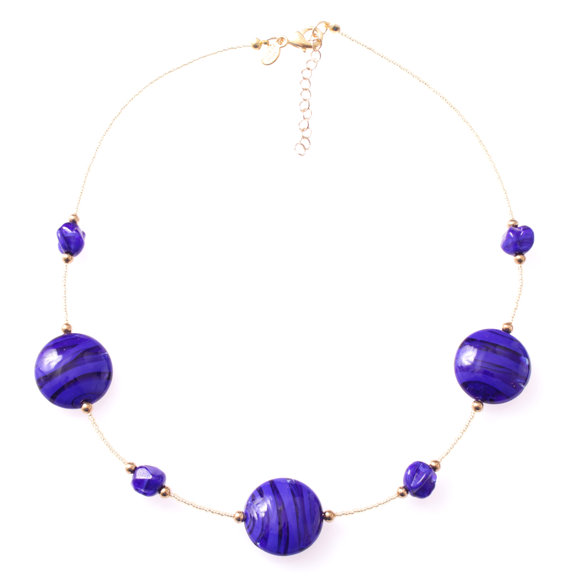 Astana Muranoglas Collier Blau/Schwarz; Muranoglas ohne Metalleinlagen im Glas; hypoallergene und hochwertig vergoldete äußere Metallteile einschließlich Karabiner
