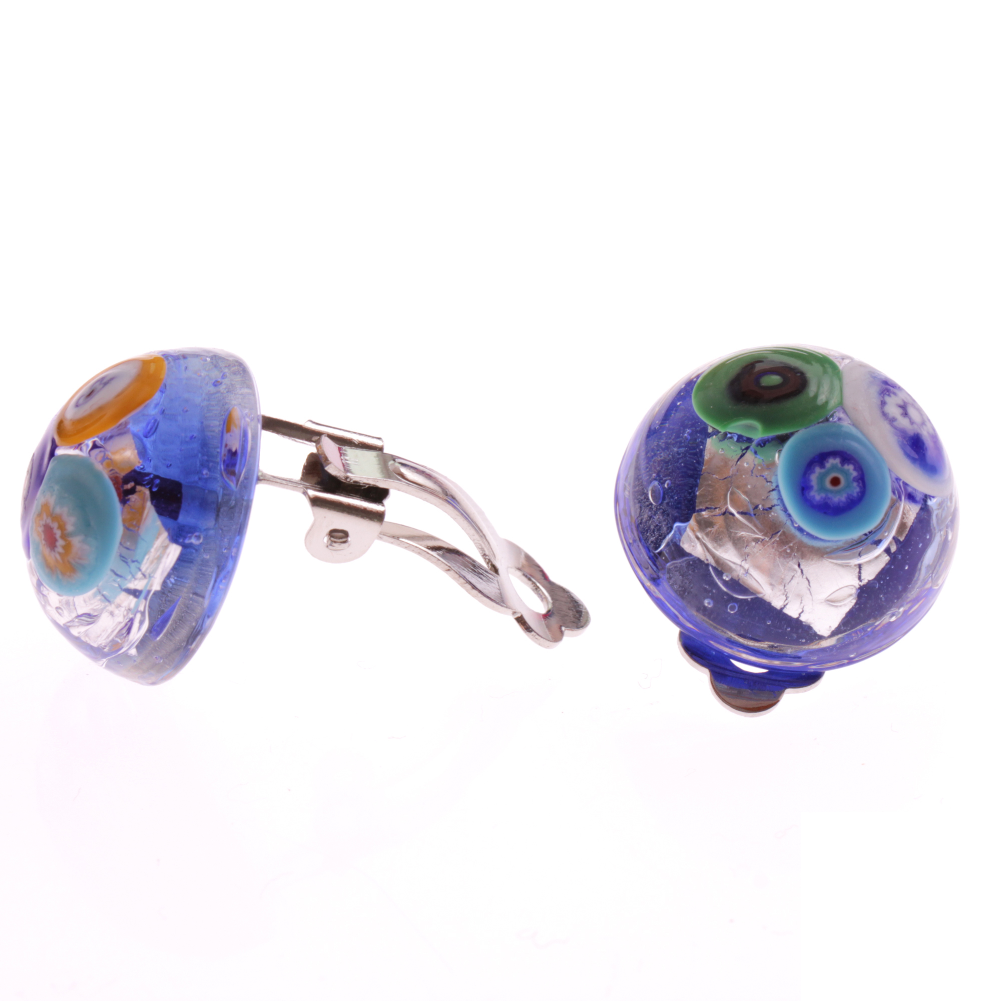 Nila Muranoglas Ohrclips Blau/Silber; Muranoglas mit Millefiori-Blüten und echtem Blattsilber; hypoallergene, hochwertig versilberte Clipmechaniken
