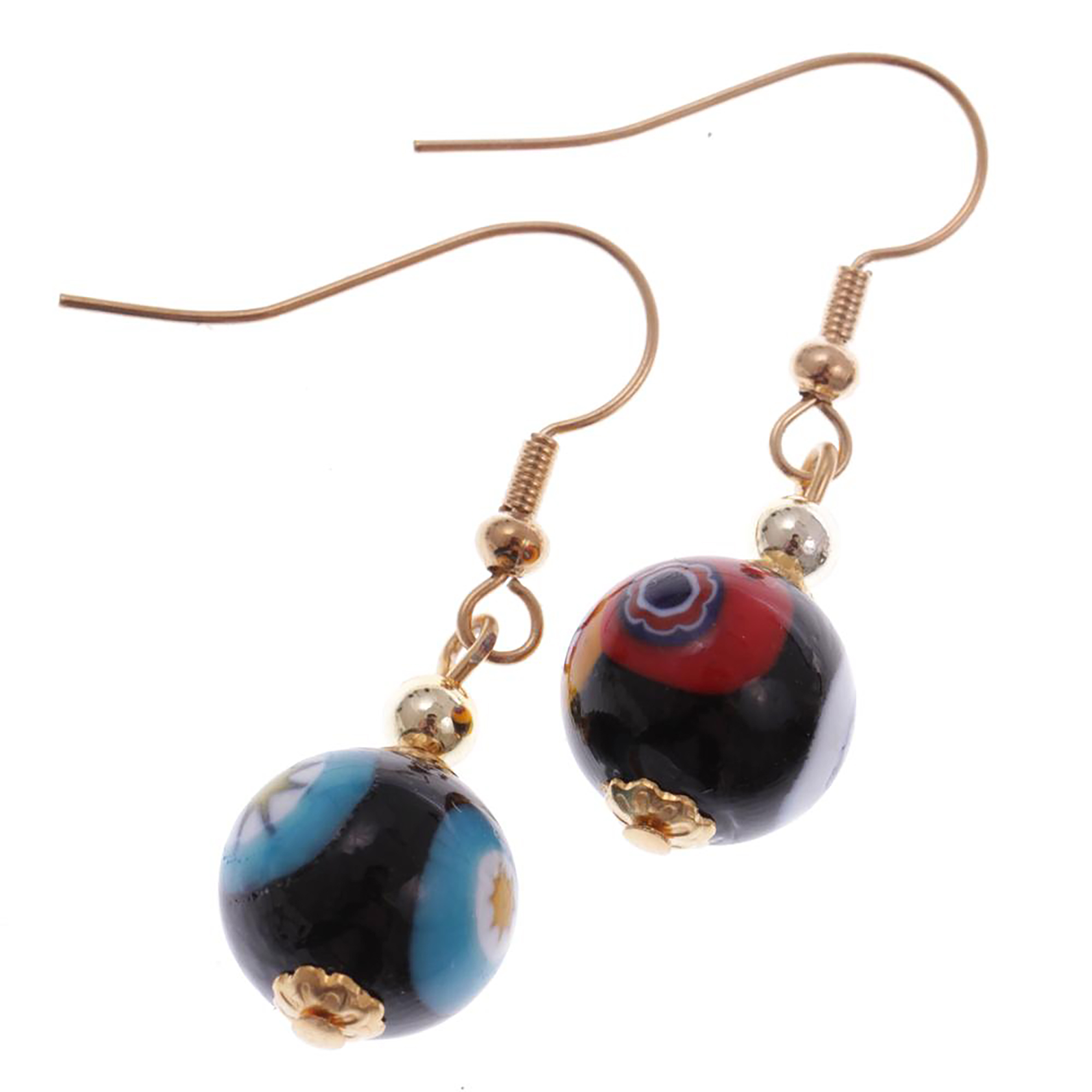 Black Mille Fiori Ohrhänger aus Muranoglas – 13 mm, bunte Blütenmotive
