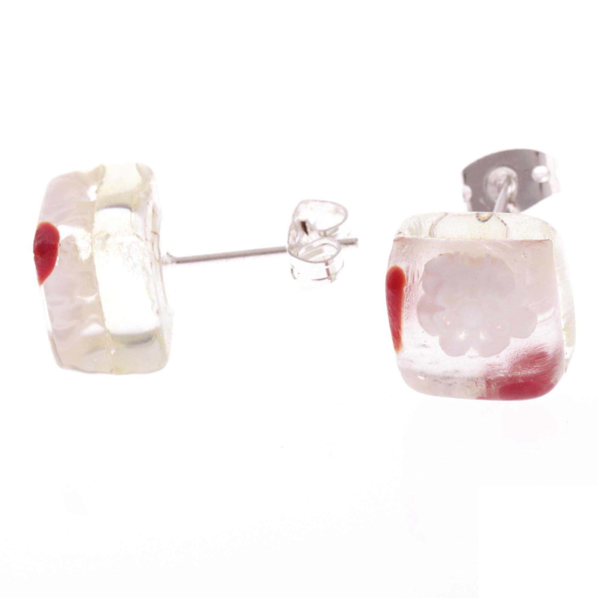 Jolanda Muranoglas Ohrstecker Rot/Weiß; Muranoglas mit echtem Blattsilber; hypoallergene, hochwertig versilberte äußere Metallteile