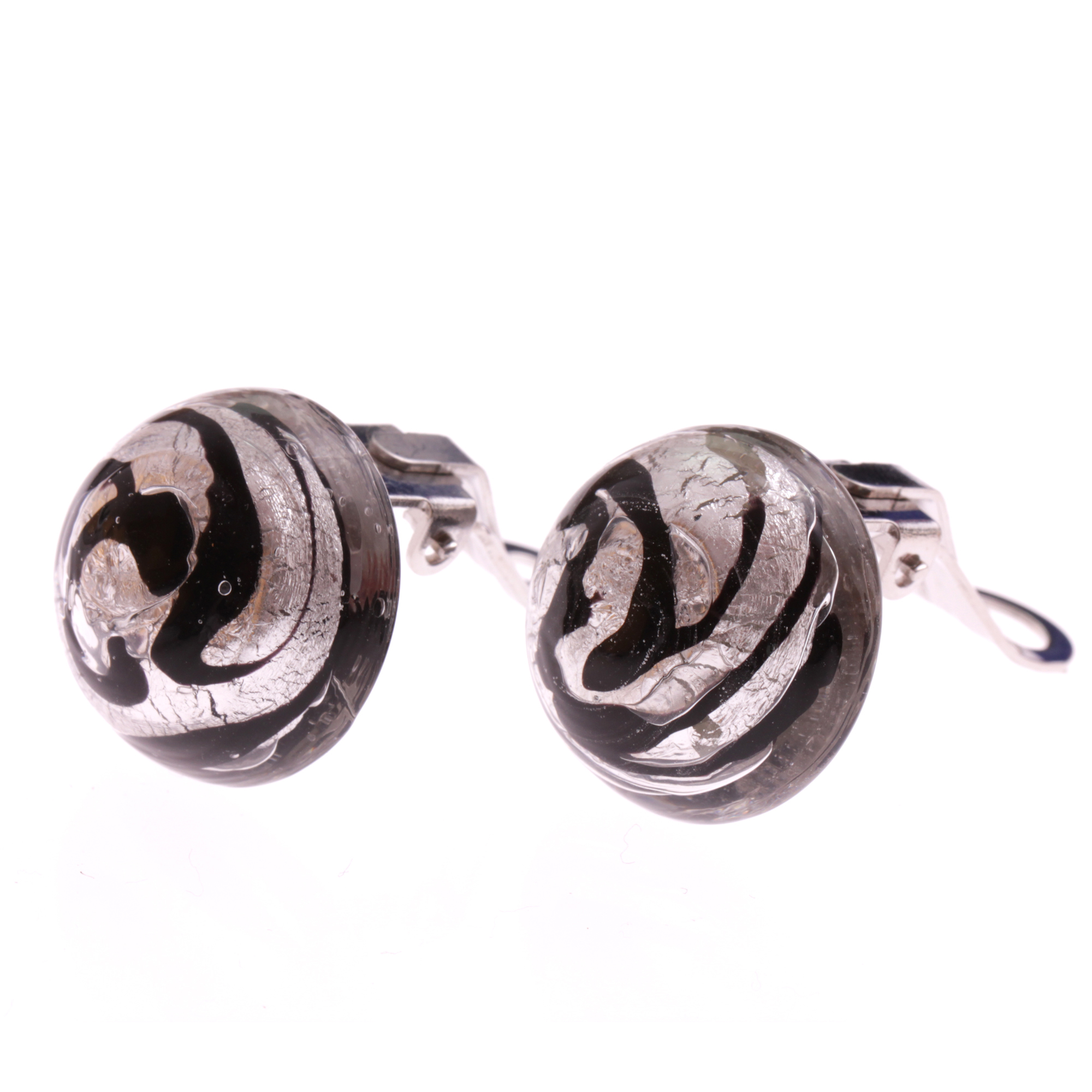 Murano Glas Ohrclip "Pia" -schwarz-silber