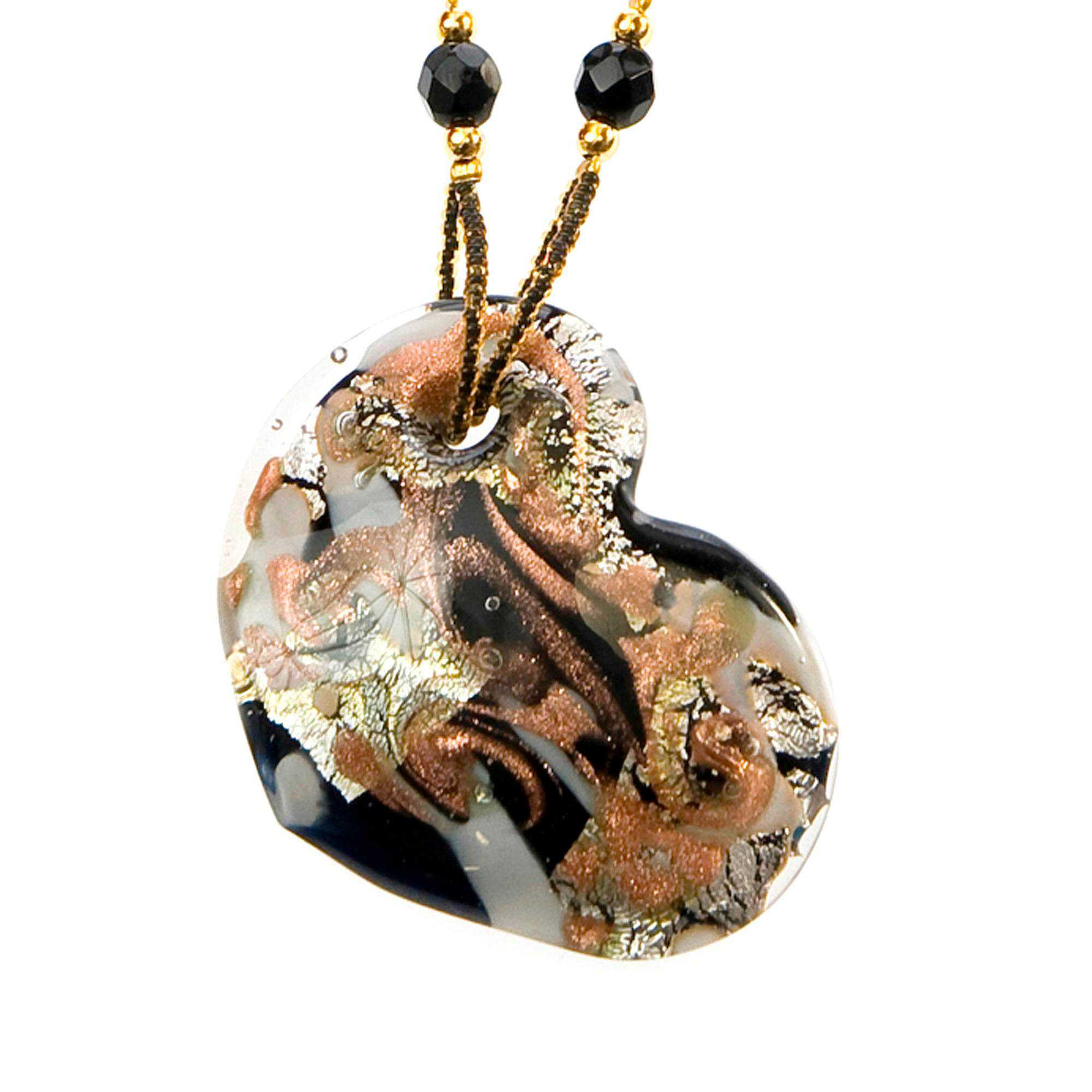 Capri Herzcollier Schwarz/Silber/Kupfer aus echtem Muranoglas mit echtem Blattsilber und Kupfer