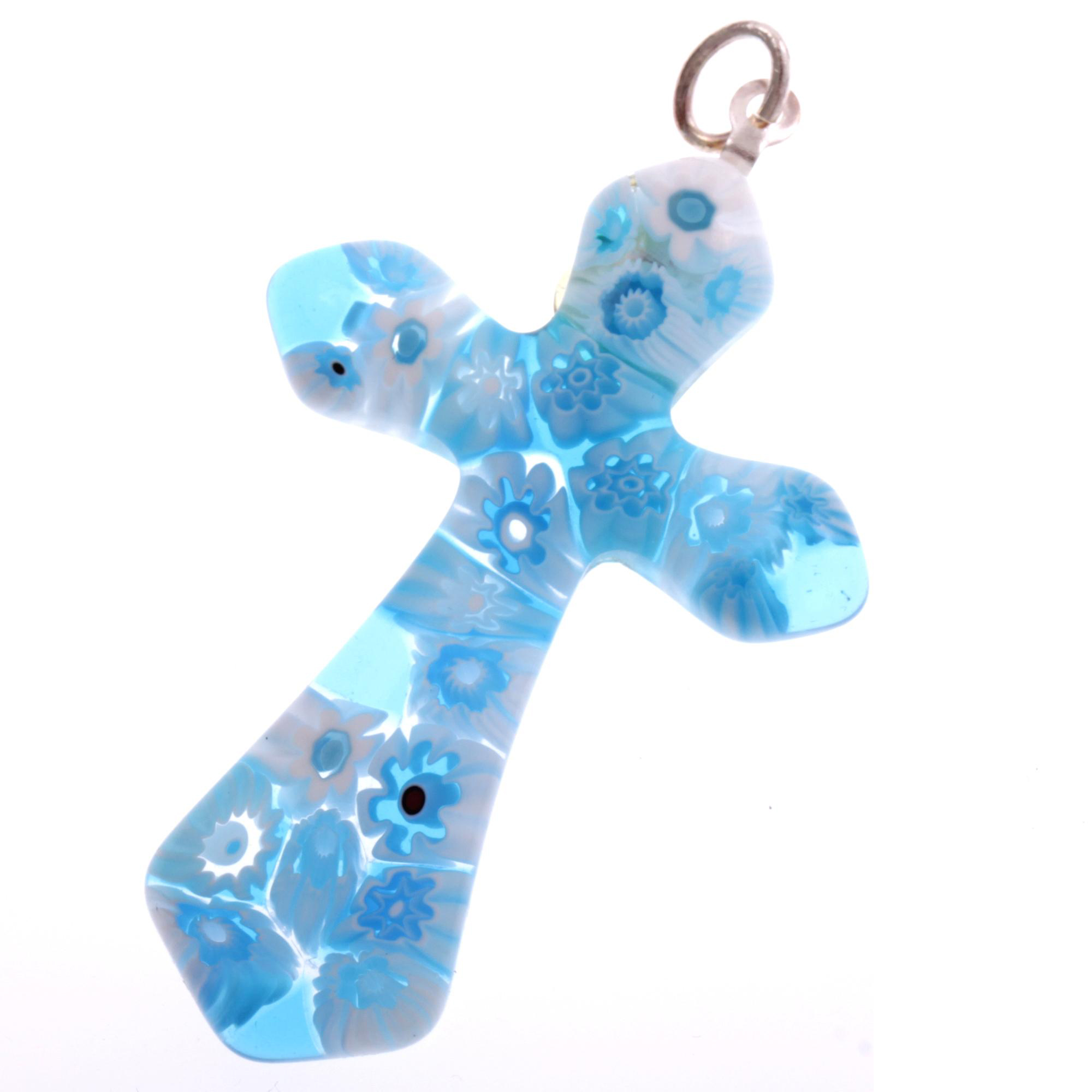 Wunderschönes Murano Glas Kreuz "Gotico" Mille Fiori Anhänger -türkis