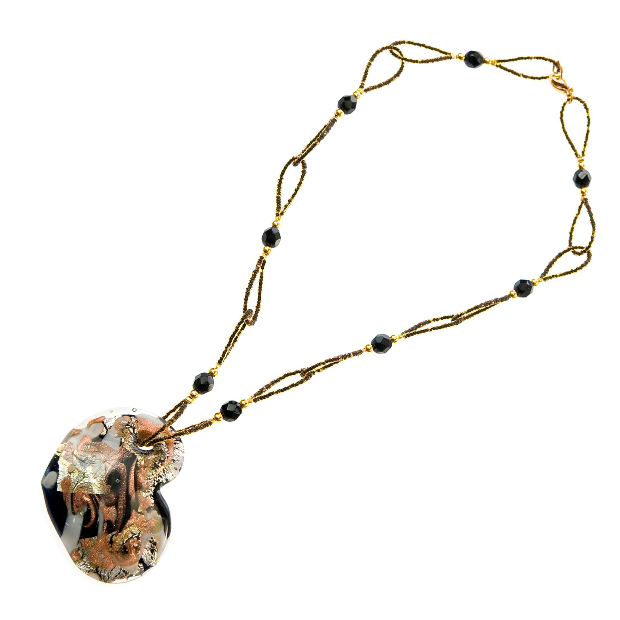 Capri Herzcollier Schwarz/Silber/Kupfer aus echtem Muranoglas mit echtem Blattsilber und Kupfer