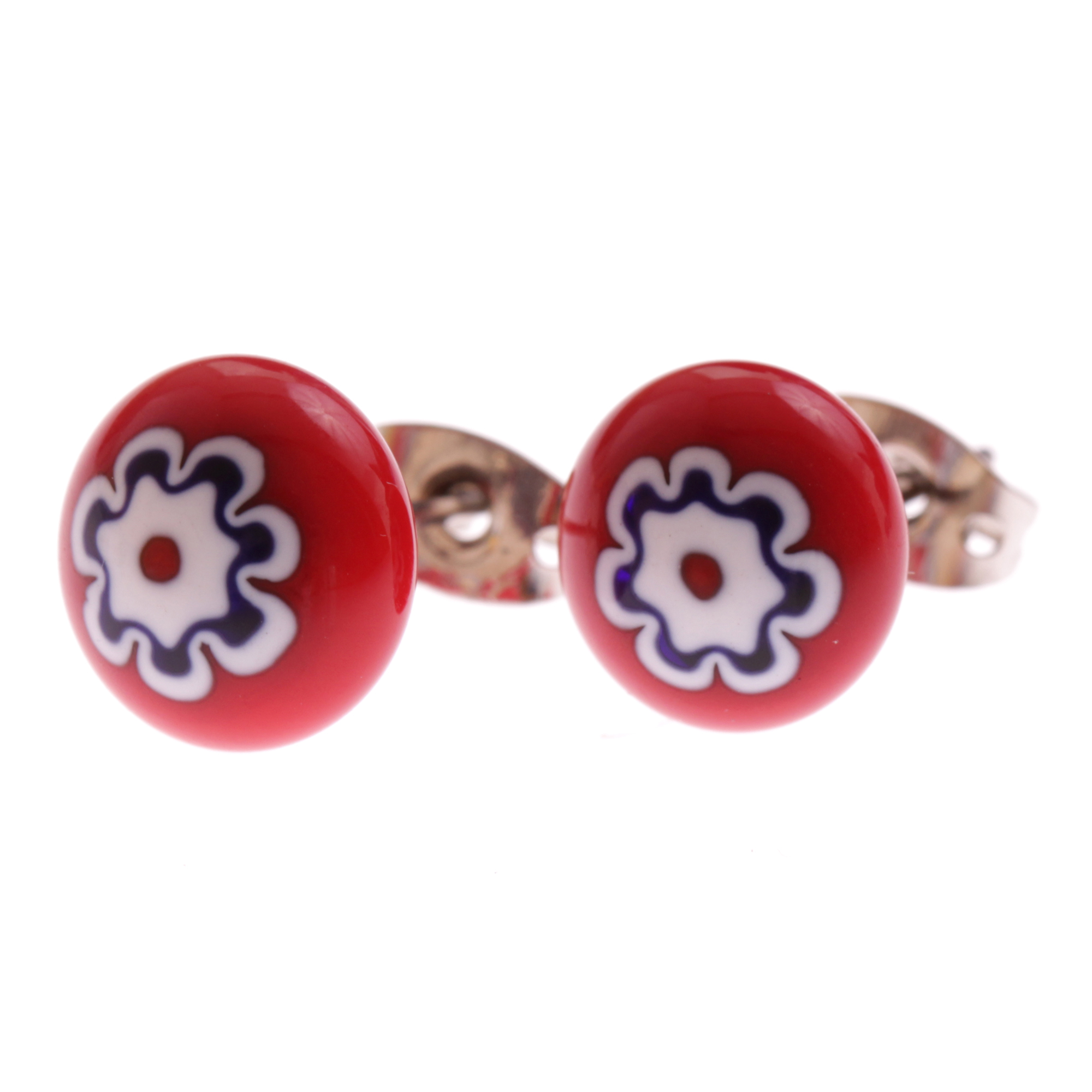 Fleur Muranoglas Ohrstecker Rot; Muranoglas mit Millefiori-Blüten; hypoallergene, hochwertig versilberte äußere Metallteile