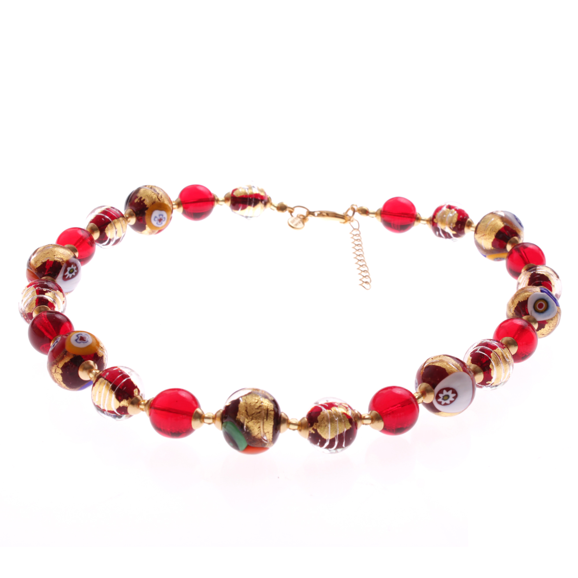 Birna Muranoglas Collier Rot/Gold; Muranoglas mit Millefiori-Blüten und echtem Blattgold; hypoallergene, hochwertig vergoldete äußere Metallteile