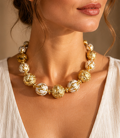 Luce Reale Collier in Gold-Weiß am Hals getragen, Trageansicht