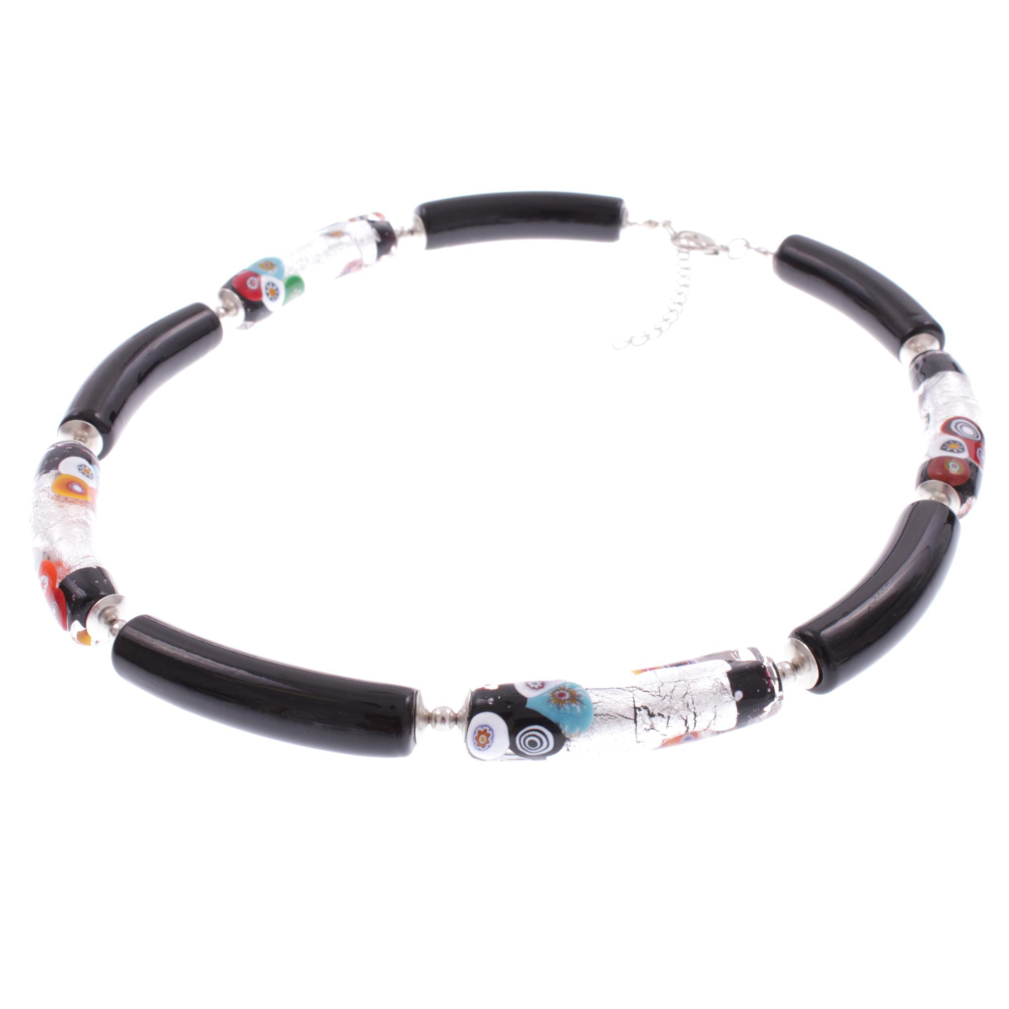 Lea Muranoglas-Collier Millefiori Silber/Schwarz, 45 cm, schräge gesamtansicht