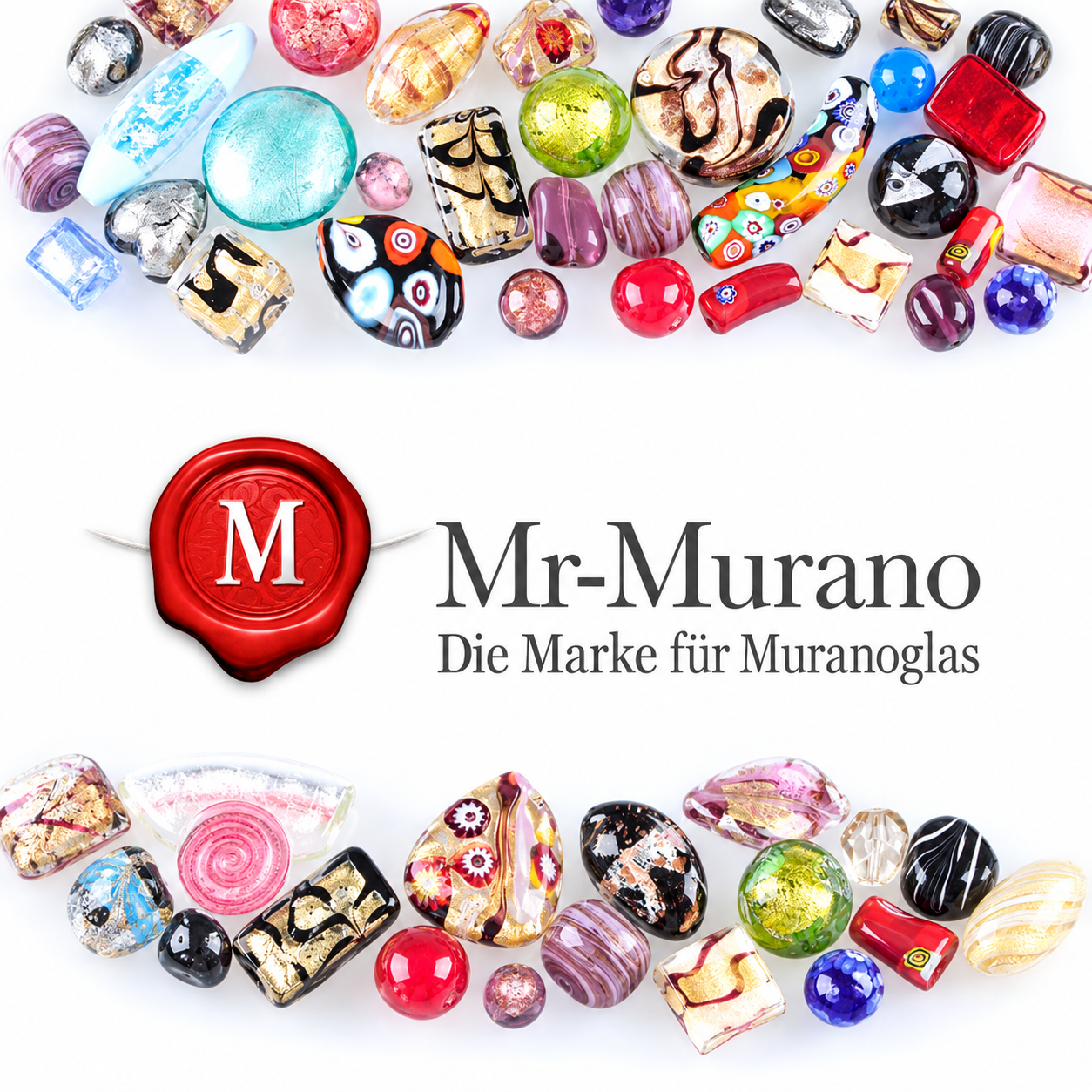 Mr-Murano – farbige Muranoglas-Schmuckcollage mit rotem Markenlogo