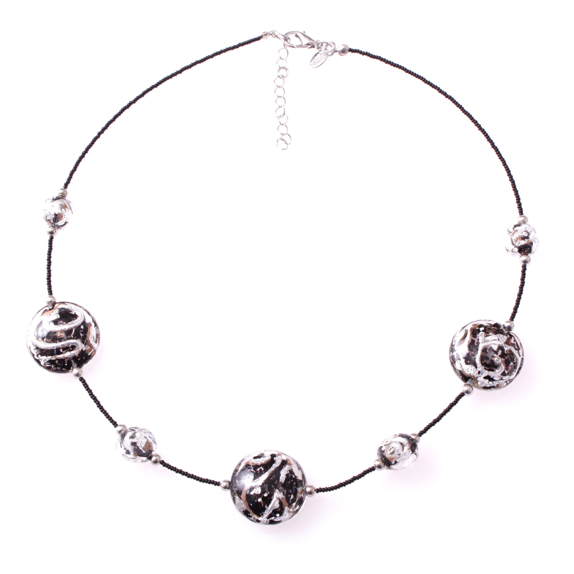 Astana Deluxe Muranoglas Collier Schwarz; Muranoglas mit echtem Blattsilber und Kupfer; hypoallergene und hochwertig versilberte äußere Metallteile