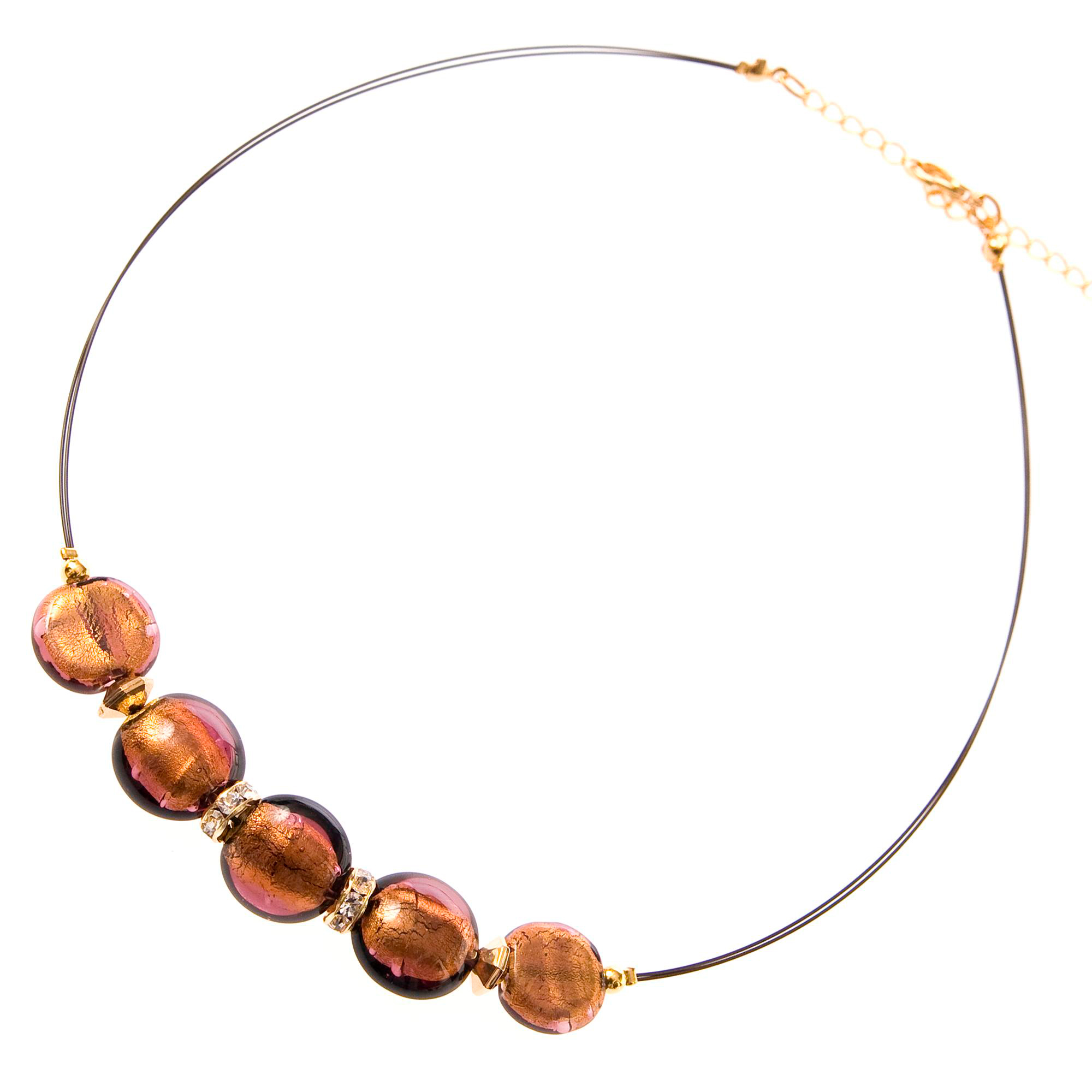 Iowa Collier Dunkelamethyst/Gold aus Muranoglas mit Blattgold und vergoldeten Metallteilen