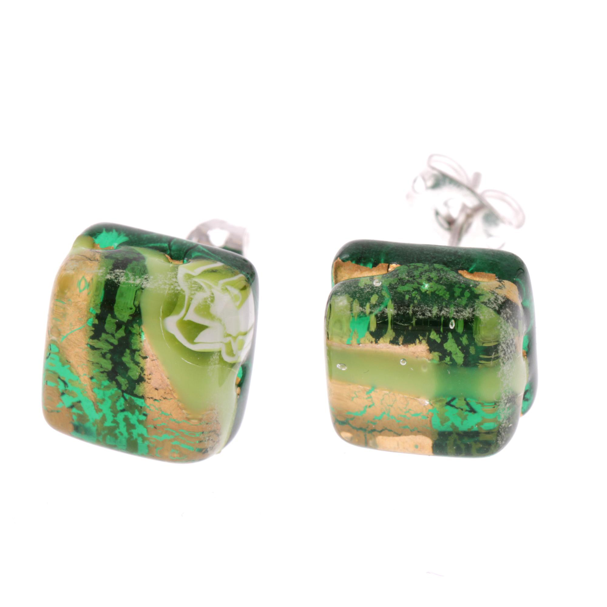 Jolanda Muranoglas Ohrstecker Grün/Gold II; Muranoglas mit echtem Blattgold; hypoallergene, hochwertig versilberte äußere Metallteile