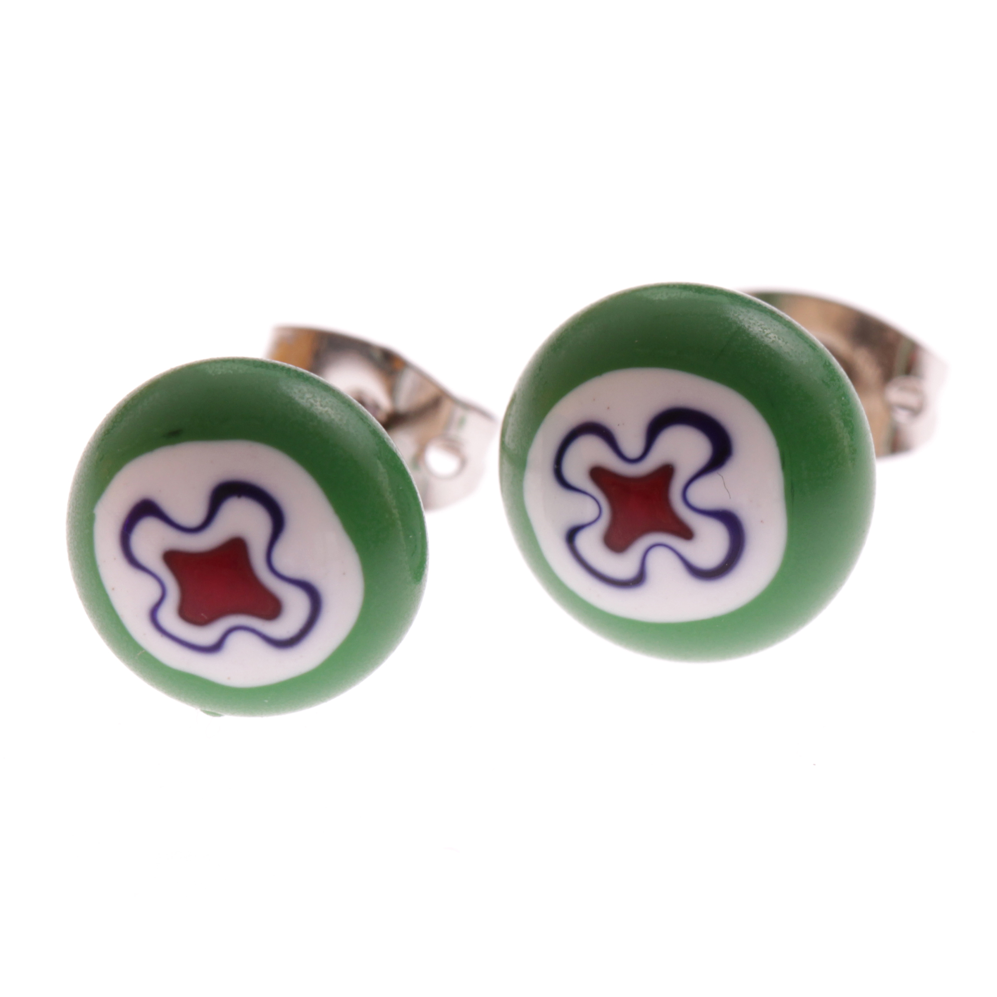 Fleur Muranoglas Ohrstecker Grün; Muranoglas mit Millefiori-Blüten; hypoallergene, hochwertig versilberte äußere Metallteile