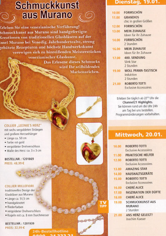 Originalprospekt der RTL-Shop Muranoglas-Herzkollektion