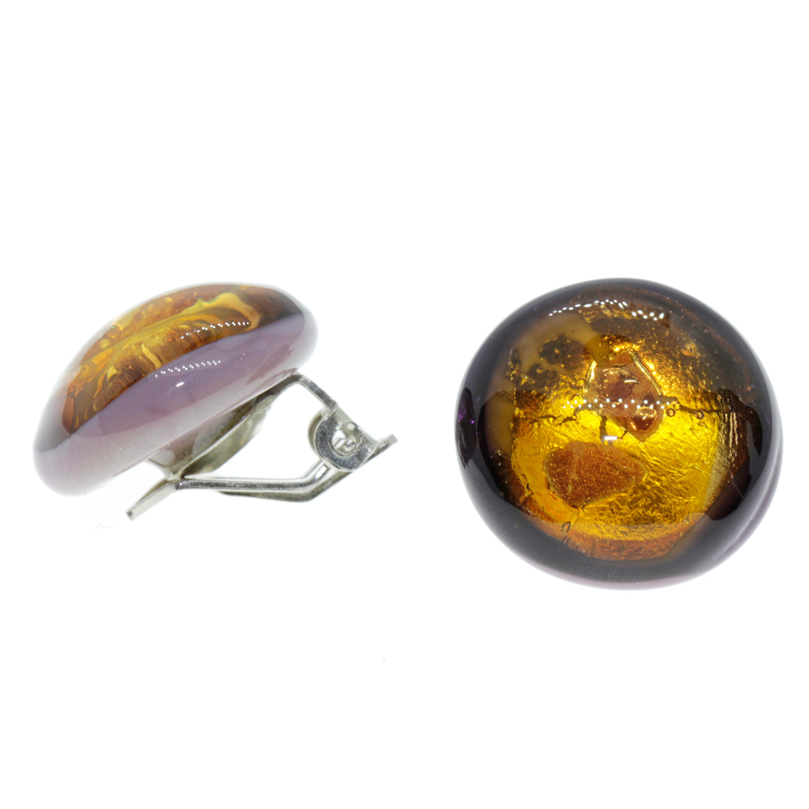 Malaga Deluxe Muranoglas Ohrclips Lila/Kupfer; Muranoglas mit echtem Blattgold und Kupfer; hypoallergene, hochwertig versilberte Clips