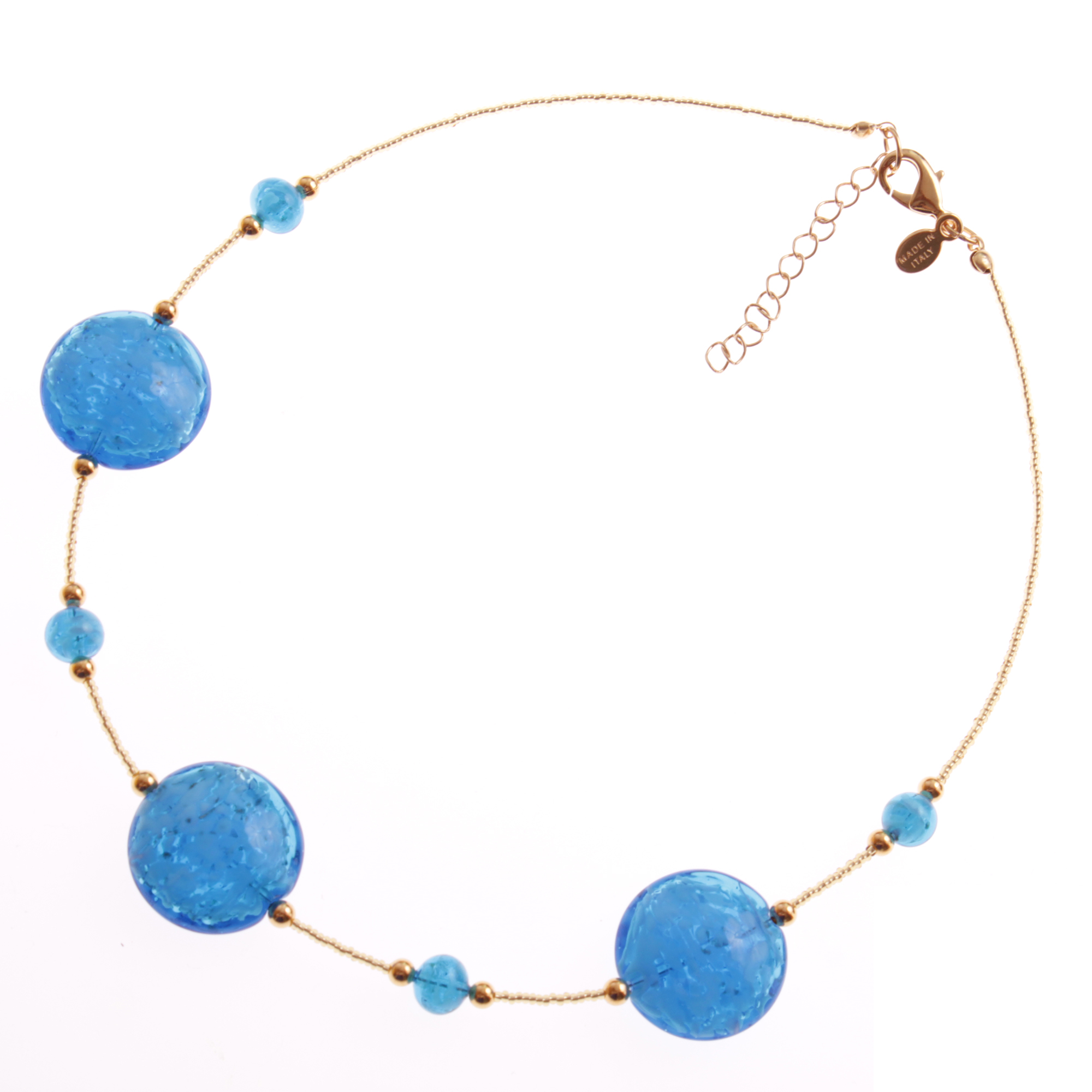Astana Muranoglas Collier Türkis/Gold; Muranoglas mit echtem Blattgold und echtem Kupfer; hypoallergene, hochwertig vergoldete äußere Metallteile