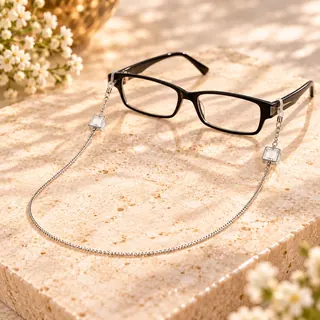 Silberfarbenes Brillenband mit quadratischen Glaselementen