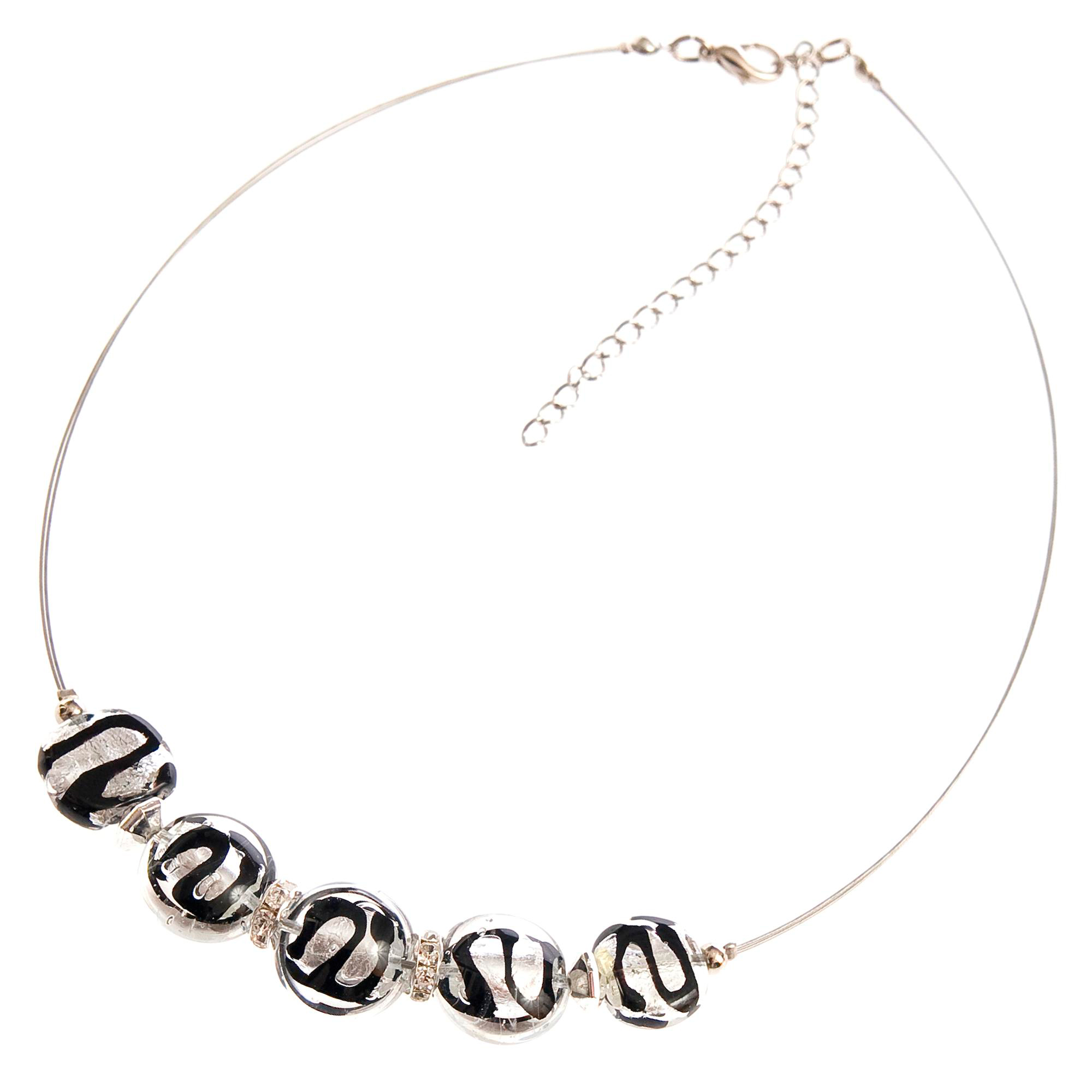 Iowa Collier Schwarz/Silber aus Muranoglas mit Blattsilber und versilberten Metallteilen