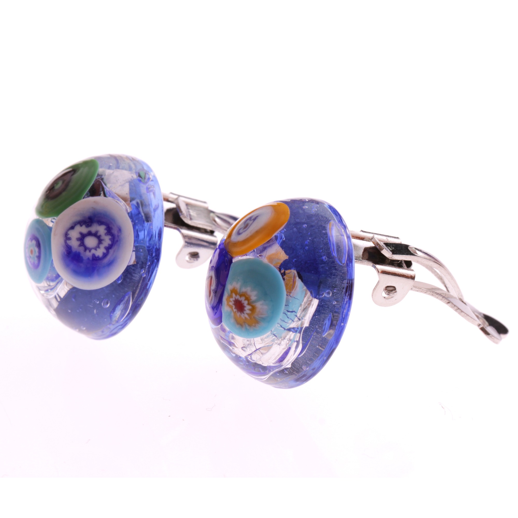 Nila Muranoglas Ohrclips Blau/Silber; Muranoglas mit Millefiori-Blüten und echtem Blattsilber; hypoallergene, hochwertig versilberte Clipmechaniken