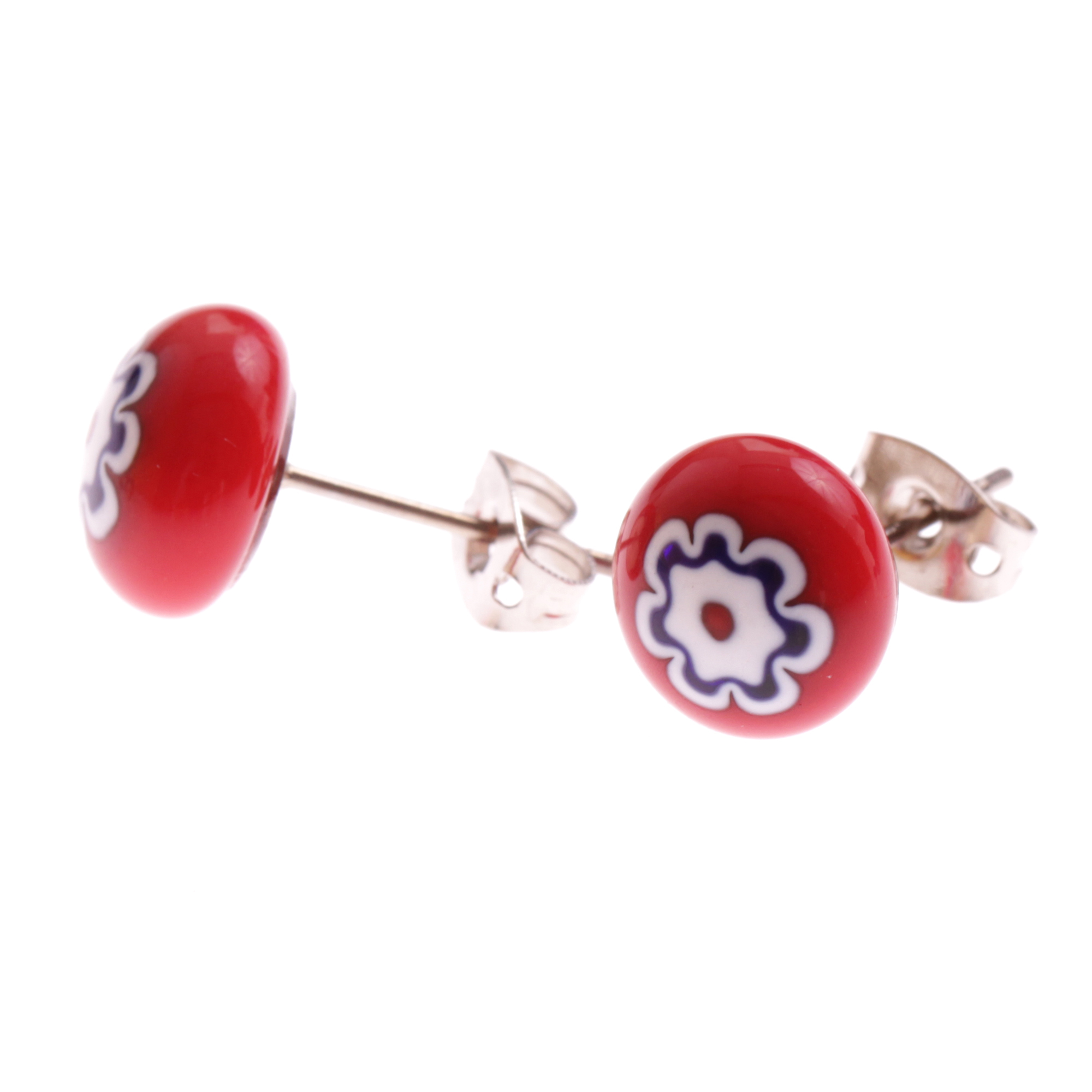 Fleur Muranoglas Ohrstecker Rot; Muranoglas mit Millefiori-Blüten; hypoallergene, hochwertig versilberte äußere Metallteile