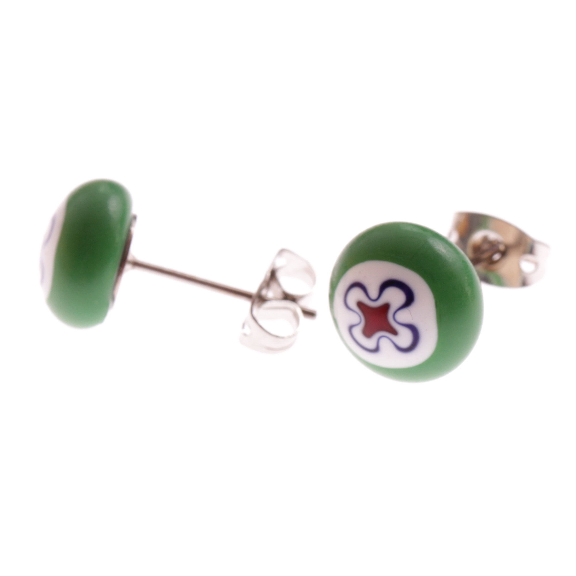 Fleur Muranoglas Ohrstecker Grün; Muranoglas mit Millefiori-Blüten; hypoallergene, hochwertig versilberte äußere Metallteile
