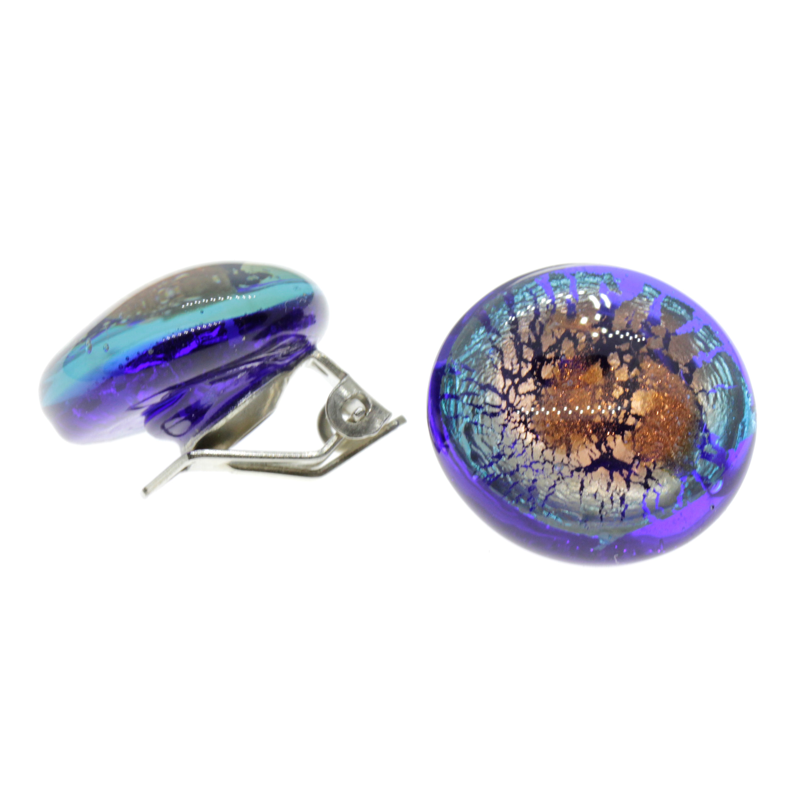 Malaga Deluxe Muranoglas Ohrclips Blau/Kupfer; Muranoglas mit echtem Blattsilber und Kupfer; hypoallergene, hochwertig versilberte Clips