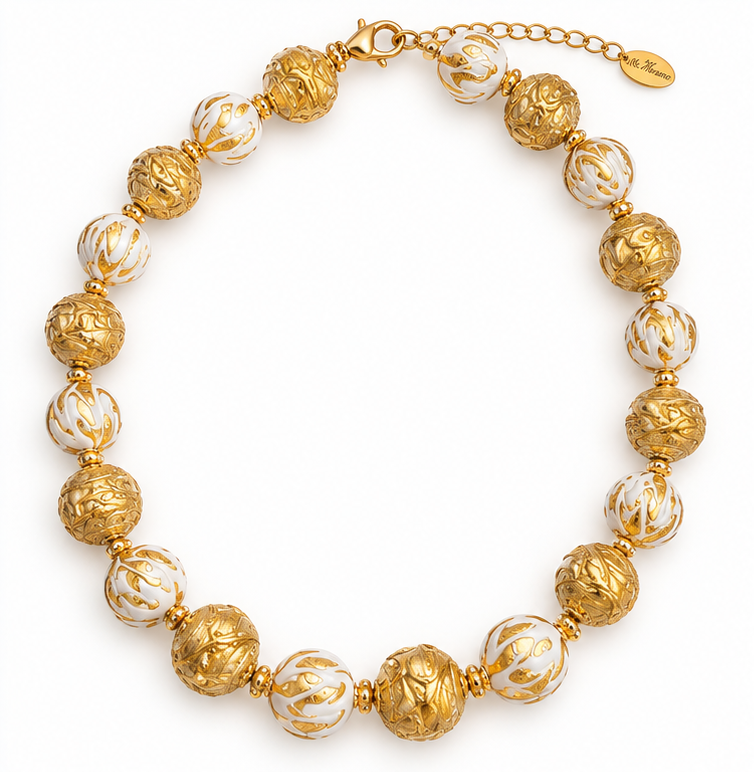 Luce Reale Muranoglas-Collier in Gold-Weiß mit Blattgold und 15 mm großen Glaskugeln, Gesamtansicht