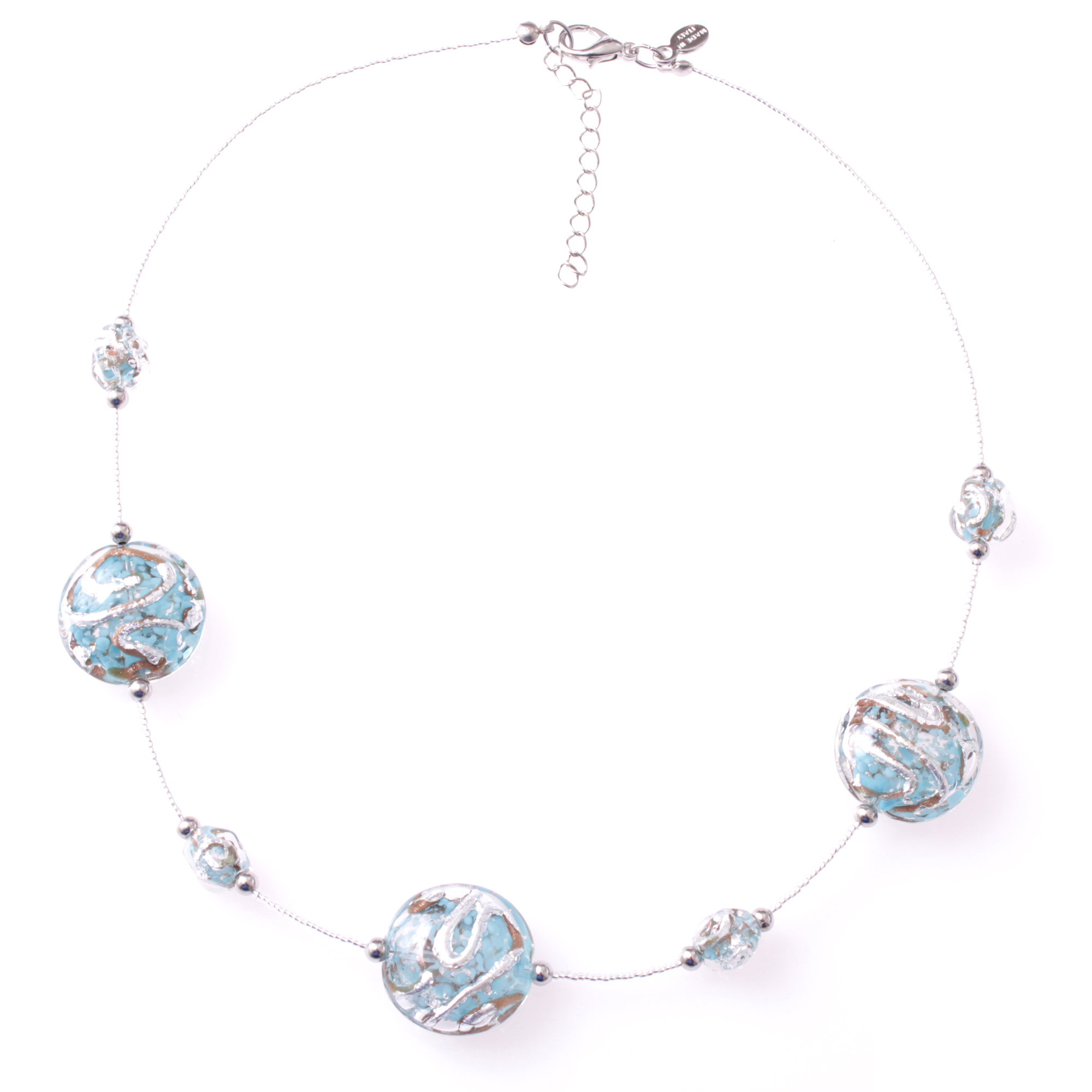 Astana Deluxe Muranoglas Collier Aquamarin; Muranoglas mit echtem Blattsilber und Kupfer; hypoallergene und hochwertig versilberte äußere Metallteile einschließlich Karabiner