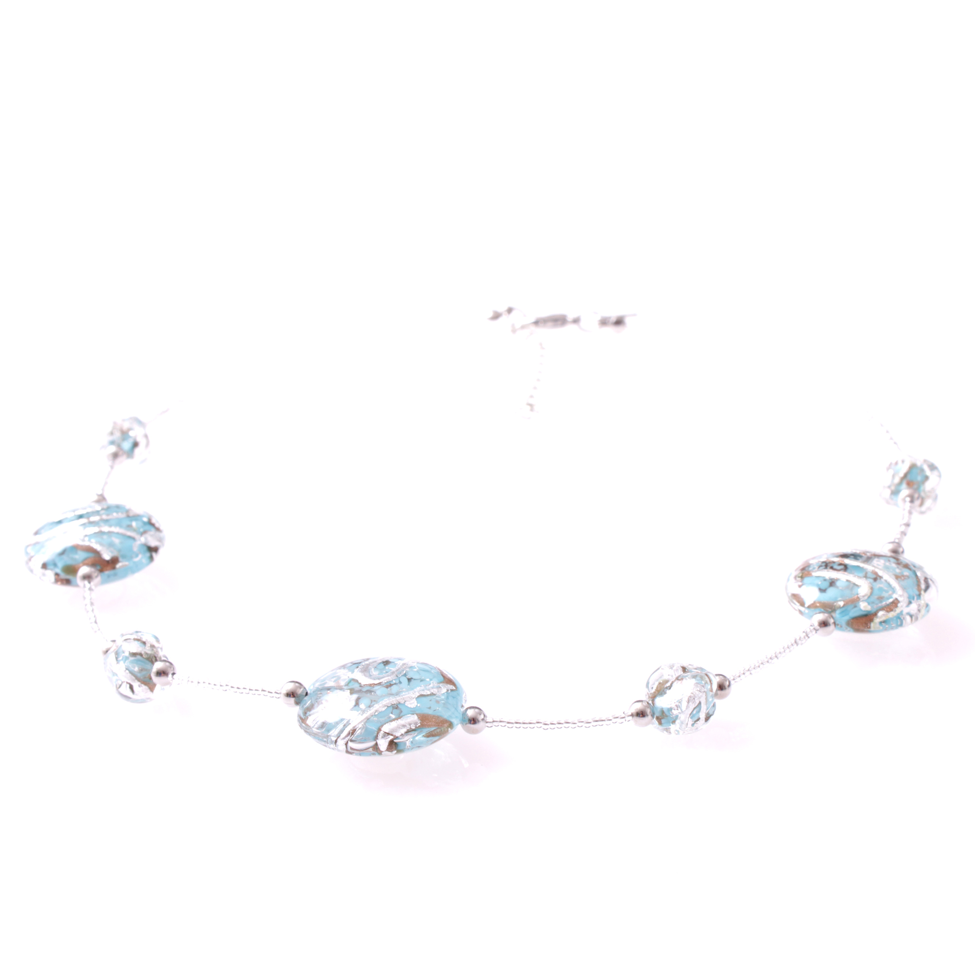Astana Deluxe Muranoglas Collier Aquamarin; Muranoglas mit echtem Blattsilber und Kupfer; hypoallergene und hochwertig versilberte äußere Metallteile einschließlich Karabiner