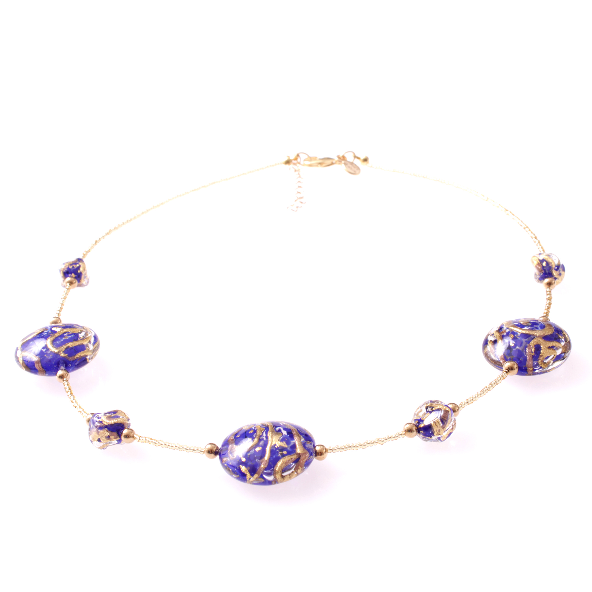 Astana Deluxe Muranoglas Collier Blau/Gold; Muranoglas mit echtem Blattgold und Kupfer; hypoallergene und hochwertig vergoldete äußere Metallteile