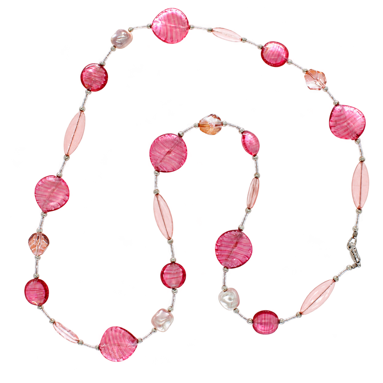 Collier Azalee in Silber/Rosa in länglicher Anordnung mit rundem und geschwungenem Muranoglas, transparenten Elementen und Verschluss