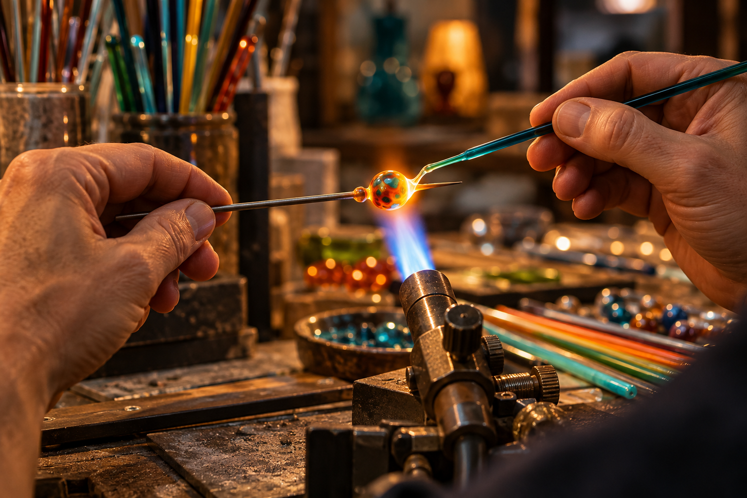 Eine glühende Glasperle in der Flamme – Motiv zur Muranoglas-Handwerkskunst